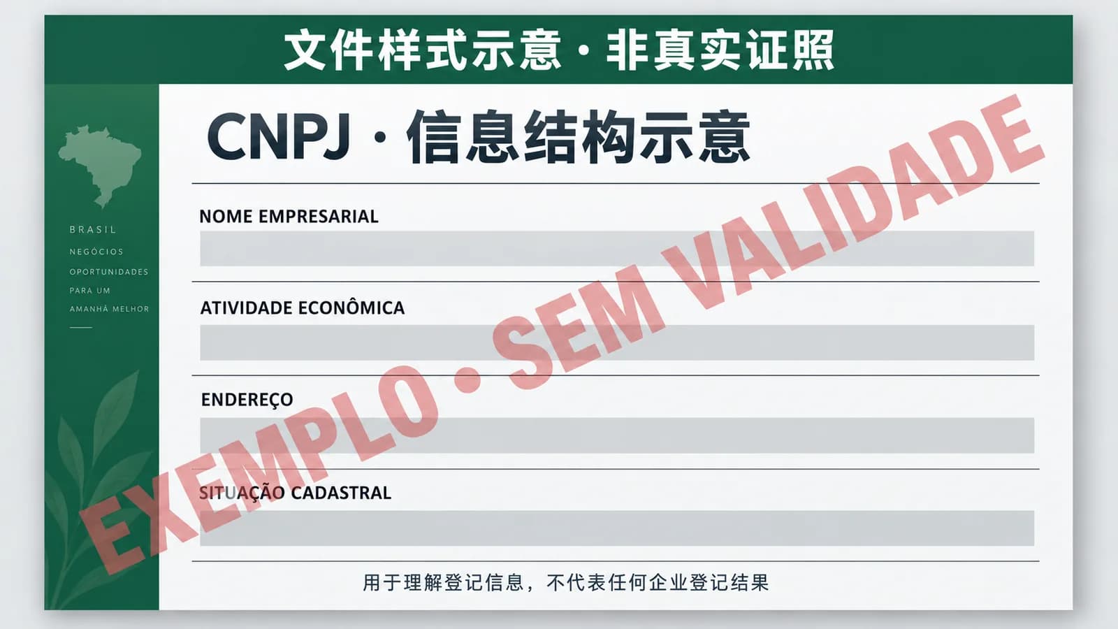 CNPJ 登记信息的信息结构示意，带非真实证照与无效示例标记